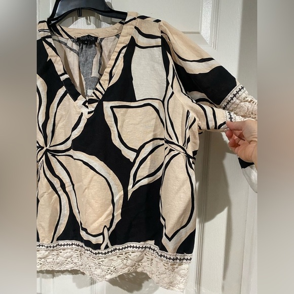 Rachel Zoe Linen Blouse Top Women 1X Black Cream Oversized Puff Sleeve - Picture 6 of 12